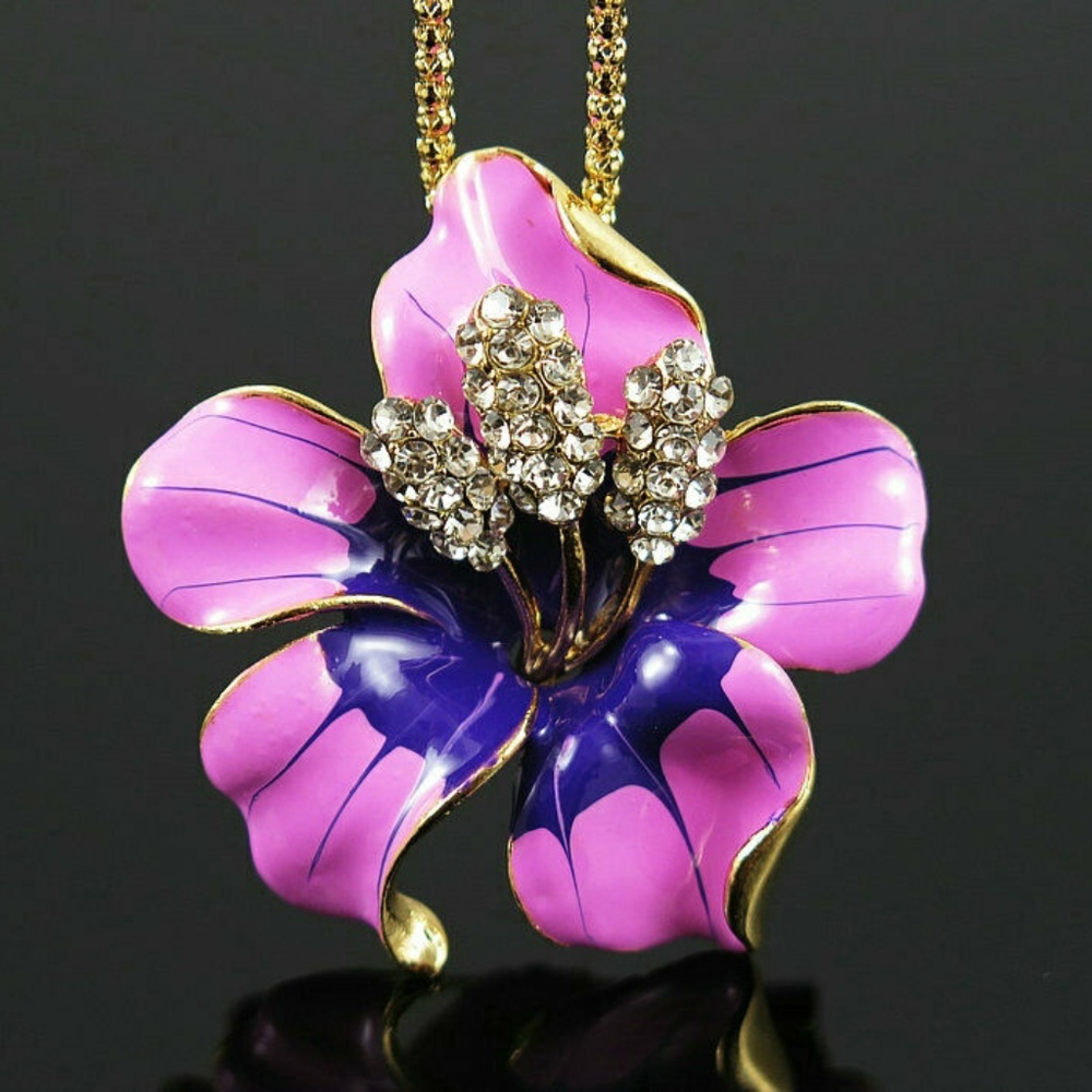 SOLD Pink Enamel Crystal Bauhinia Flower Necklace